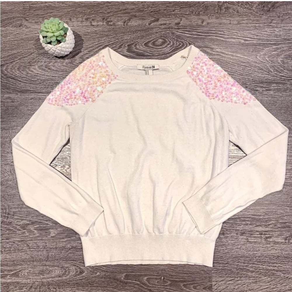 Forever 21 White Sequin Sweater Size M
